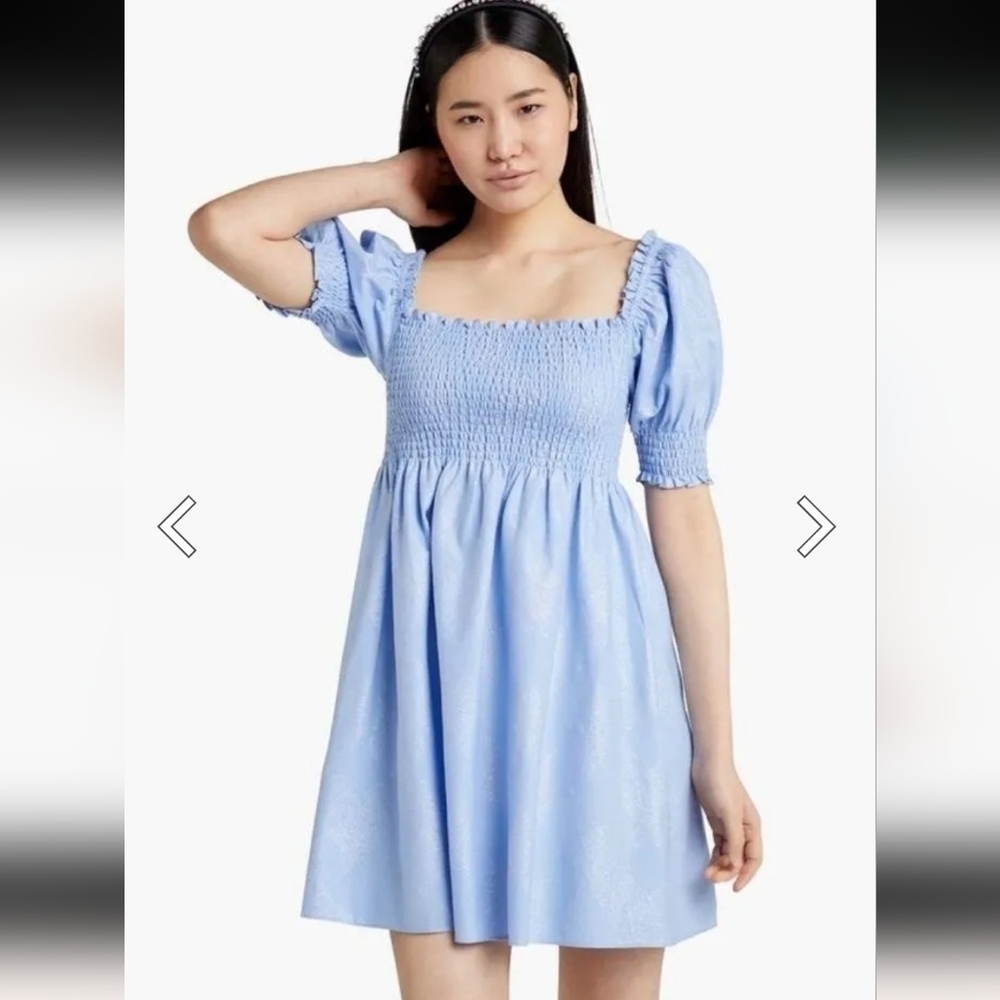 Hill House The Athena Nap Smocked Dress Light Blue w Metallic Detail, sz Medium